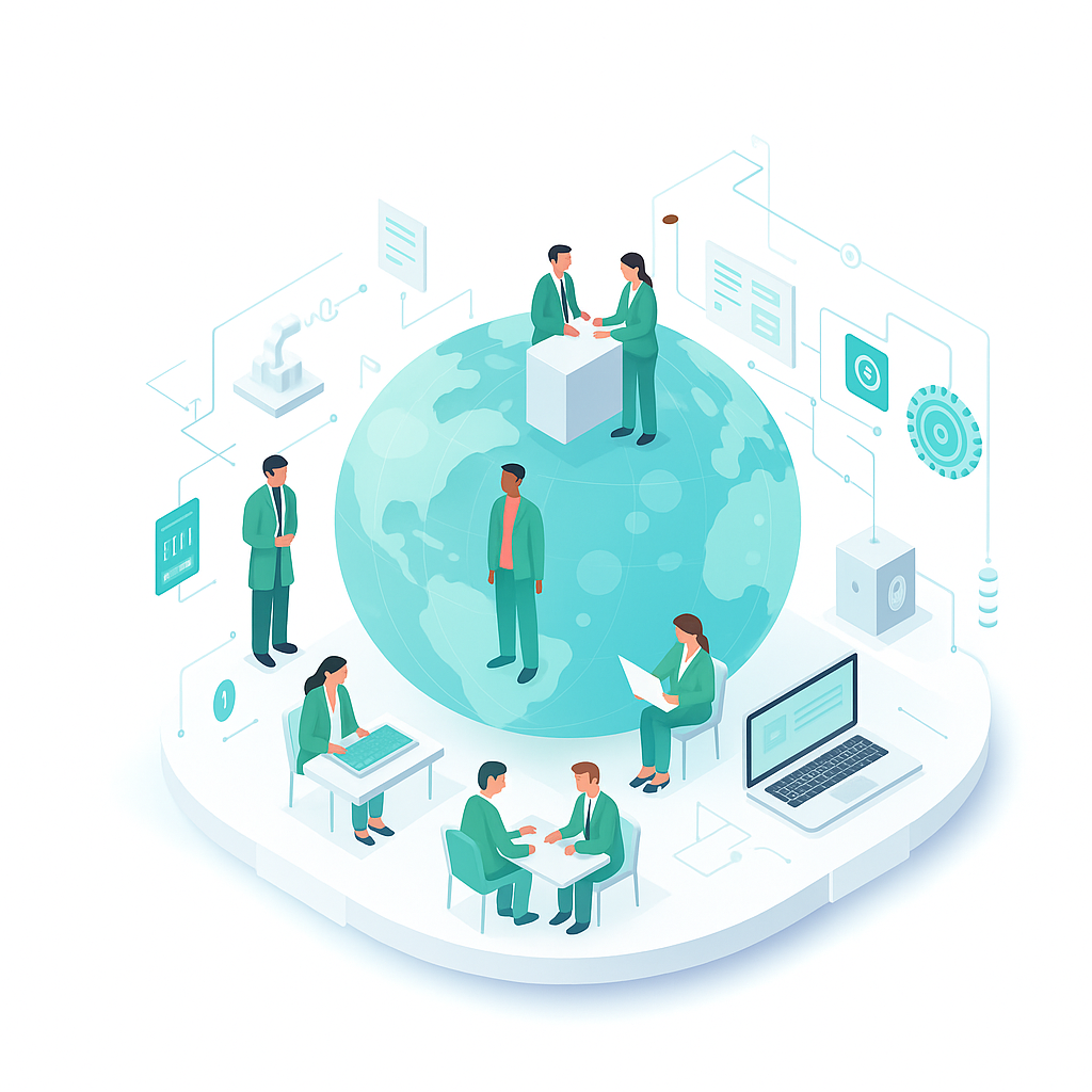 Team collaborating with technology